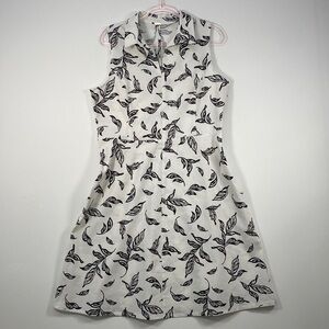 T Tahari Linen Blend Fit & Flare Sleeveless Dress Women's M Leaf Print White